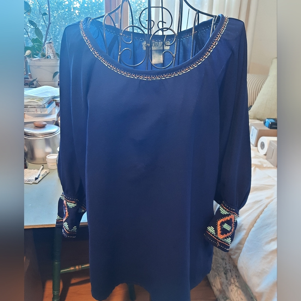Embroidered and Beaded Blouse by Francesca's Collection - Royal Blue Size S EUC